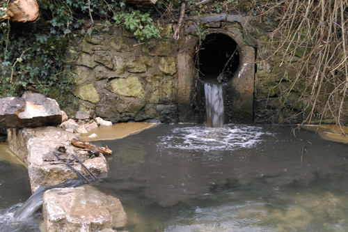 Sewage flowing out of a drain into a river